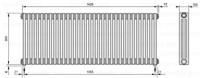 Схема (чертеж) Радиатор Zehnder Charleston 3090/31 №3570 Белый глянцевый RAL 9016
